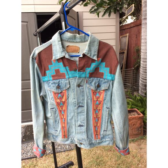 VINTAGE 80's UNISEX ARTIST SIGNED Southwestern HANDPAINTED Denim Jacket! 40R - Picture 3 of 9